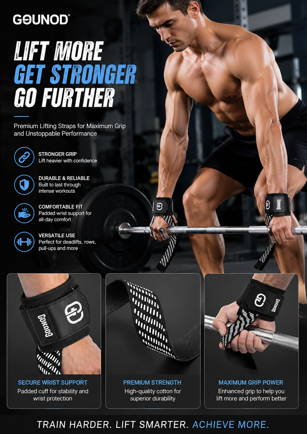 GOUNOD Lifting Wrist Straps with D Ring for Weightlifting