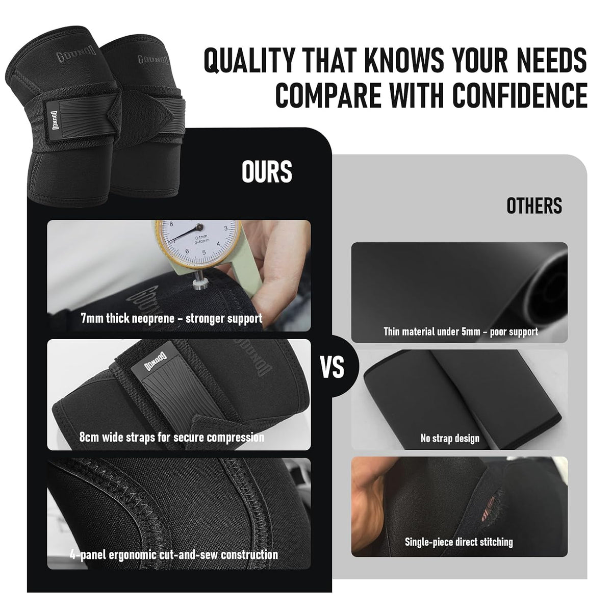 GOUNOD Knee Sleeves for Weightlifting with Wraparound Straps 7mm HX012