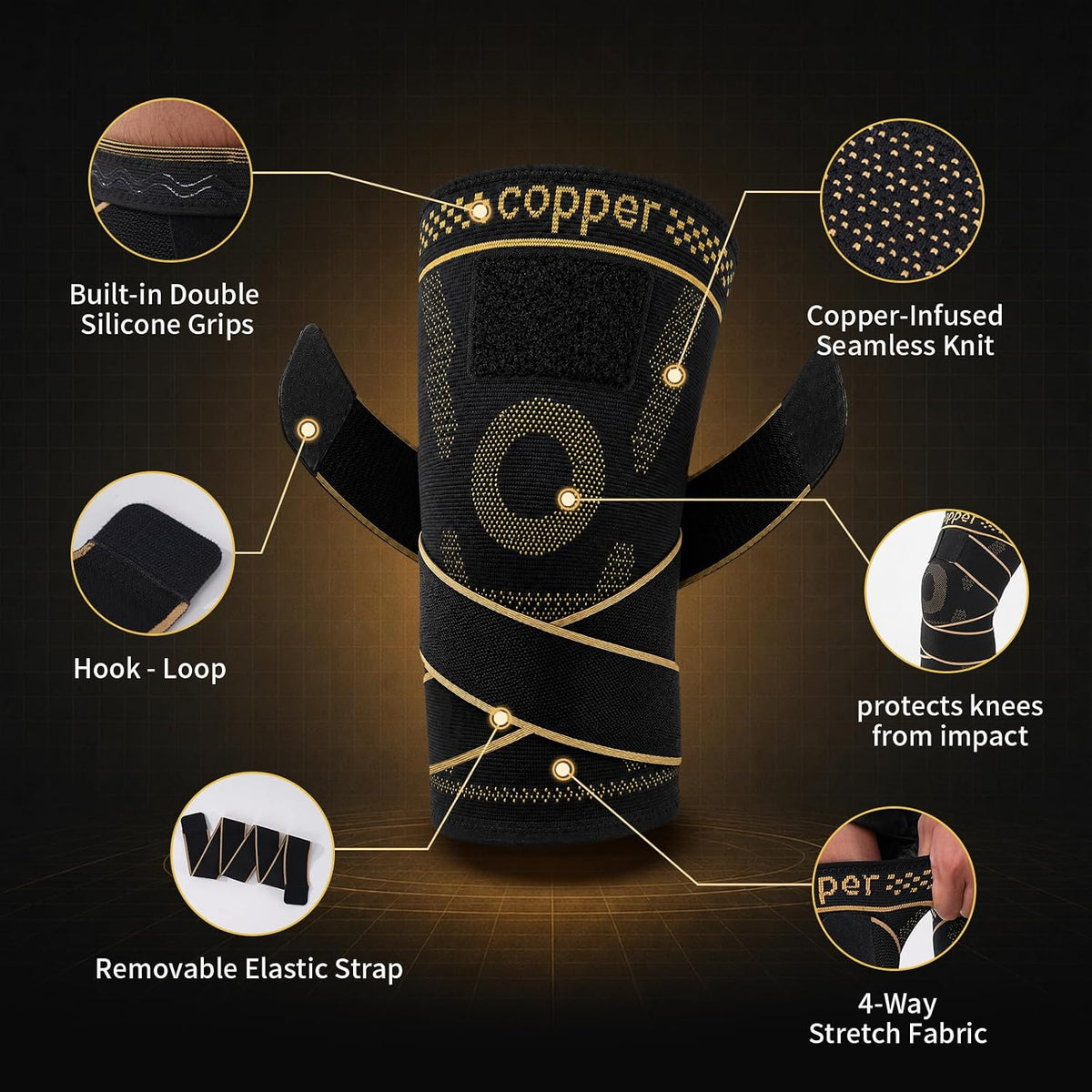 GOUNOD Copper Knee Compression Sleeve With Detachable Straps Meniscus Tear HX013